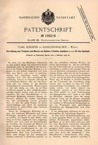 Original Patentschrift - C. Schäfer in Haßlinghasen / Sprockhövel i.W.,1898,Trockenapparat für Gemüse , Früchte , Bohnen