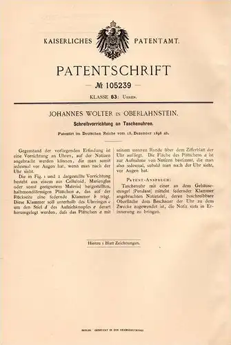 Original Patentschrift - J. Wolter in Oberlahnstein , 1898 , Schreibvorrichtung für Taschenuhren , Uhr , Taschenuhr !!!