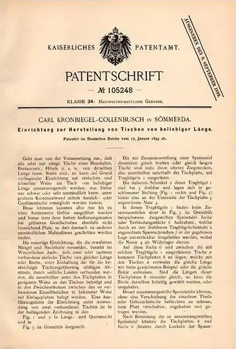 Original Patentschrift - C. Kronbiegel - Collenbusch in Sömmerda , 1899 , Tisch - Fabrikation , Tischlerei , Hotel !!!
