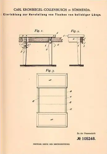 Original Patentschrift - C. Kronbiegel - Collenbusch in Sömmerda , 1899 , Tisch - Fabrikation , Tischlerei , Hotel !!!