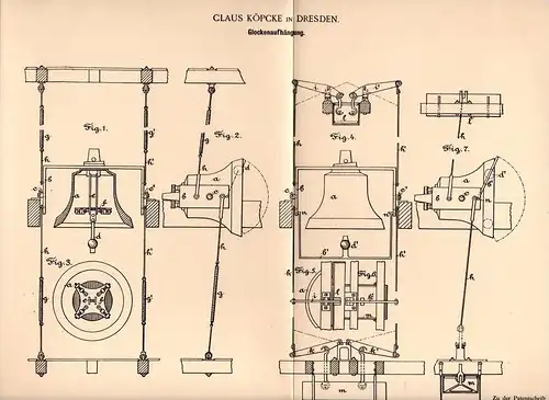 Original Patentschrift - C. Köpcke in Dresden , 1898 , Glocken - Aufhängung , Glocke , Kirche , Frauenkirche !!!