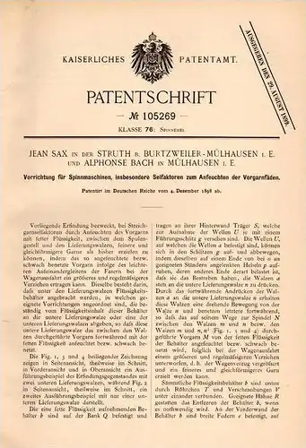 Original Patentschrift -J. Sax in Struth b. Burtzweiler - Mühlhausen i.E., 1898,Mappareil pour machine à filer, filature