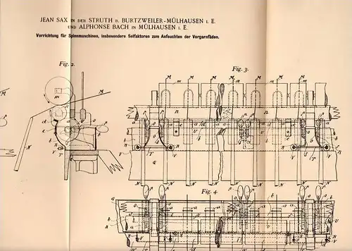 Original Patentschrift -J. Sax in Struth b. Burtzweiler - Mühlhausen i.E., 1898,Mappareil pour machine à filer, filature