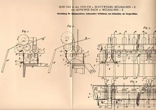 Original Patentschrift -J. Sax in Struth b. Burtzweiler - Mühlhausen i.E., 1898,Mappareil pour machine à filer, filature