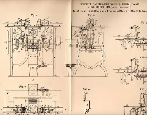 Original Patentschrift - Barbier-Durozier & Prud in Saint Marcellin , 1898 , machine pour publications ruban !!!