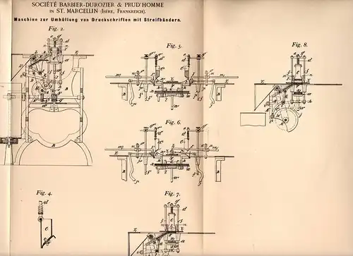 Original Patentschrift - Barbier-Durozier & Prud in Saint Marcellin , 1898 , machine pour publications ruban !!!