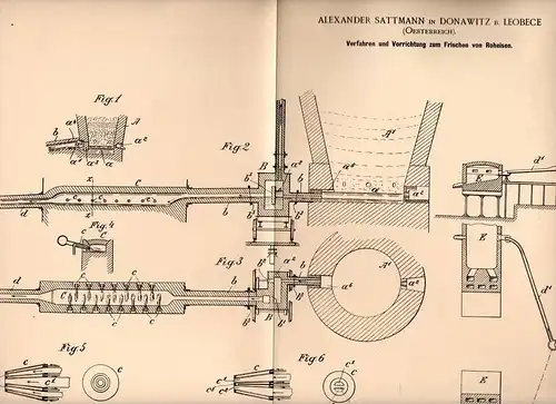 Original Patentschrift - A. Sattmann in Donawitz b. Leobece , 1898 , Apparat für Eisen - Erzeugung , Roheisen , Hochofen