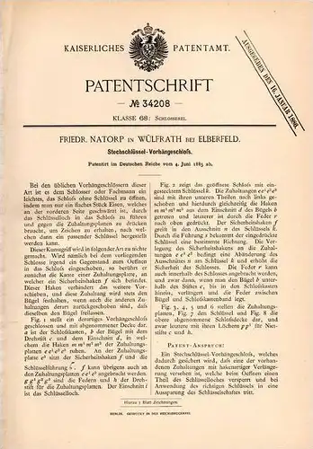 Original Patentschrift -F. Natorp in Wülfrath b. Elberfeld , 1885 , Schlüssel - Schloß , Schlüsseldienst , Wuppertal !!!