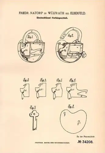 Original Patentschrift -F. Natorp in Wülfrath b. Elberfeld , 1885 , Schlüssel - Schloß , Schlüsseldienst , Wuppertal !!!