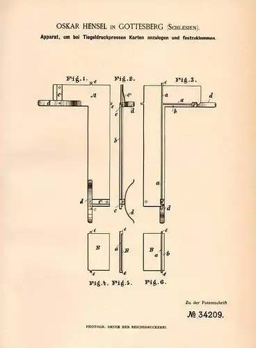 Original Patentschrift - O. Hensel in Gottesberg / Boguszów i. Schlesien , 1885,Apparat für Tiegeldruck - Presse , Druck