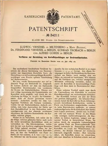 Original Patentschrift - Dr. F. Vierneisel und K. Trobach in Miltenberg a. Main , 1884 , Dextrose - Herstellung !!!