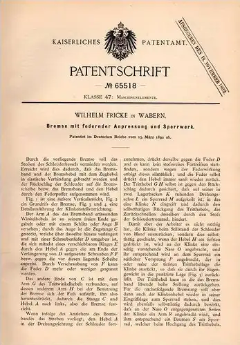 Original Patentschrift - W. Fricke in Wabern i. Hessen , 1892 , Bremse mit Sperrwerk !!!