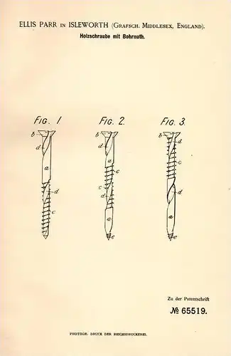 Original Patentschrift - Ellis Parr in Isleworth , Middlesex , 1892 , wood screw !!!