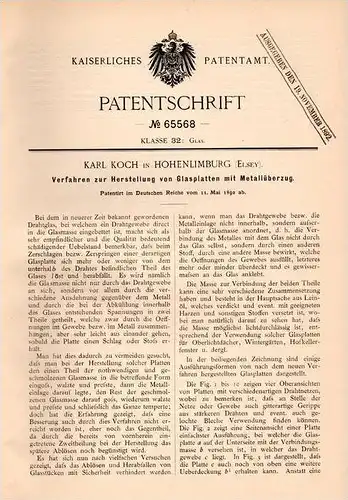 Original Patentschrift - Karl Koch in Hohenlimburg , Elsey ,1892, Glasplatten mit Metallüberzug , Glas , Sicherheitsglas