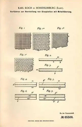 Original Patentschrift - Karl Koch in Hohenlimburg , Elsey ,1892, Glasplatten mit Metallüberzug , Glas , Sicherheitsglas