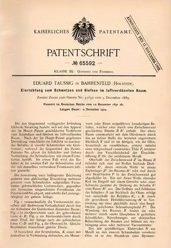 Original Patentschrift - E. Taussig in Bahrenfeld , Holstein , 1891 , Apparat zum Scmelzen und Gießen , Giesserei  !!!