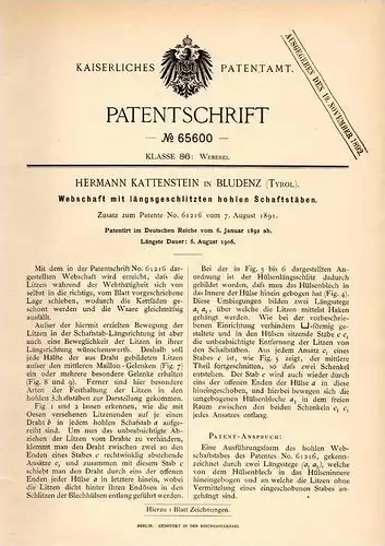 Original Patentschrift - H. Kattenstein in Bludenz , Tirol , 1892, Webschaft für Weberei , Weber , Webstuhl , Vorarlberg