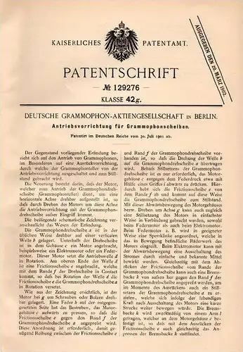 Original Patentschrift - Grammophon AG in Berlin , 1901 , Antrieb für Grammophonscheiben , Phonograph , gramophone !!!