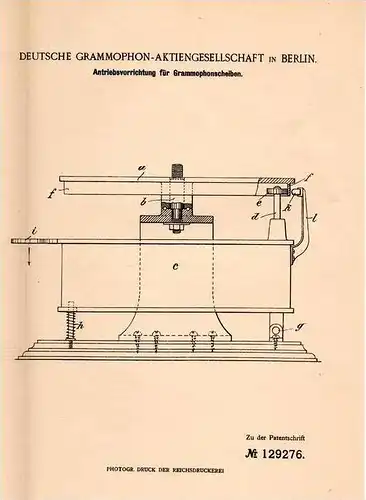 Original Patentschrift - Grammophon AG in Berlin , 1901 , Antrieb für Grammophonscheiben , Phonograph , gramophone !!!