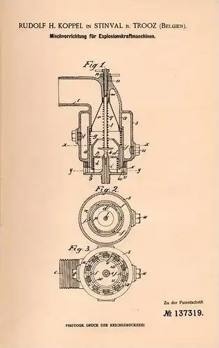 Original Patent  - R. Koppel in Stinval b. Sprimont ,1902, Apparat für Motoren , Carburator , Motor , Moteur , Trooz !!!