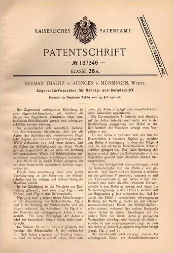 Original Patentschrift - H. Thalitz in Auingen b. Münsingen , 1901 , Sägenschärfmaschine , Säge , Sägeblatt , Tischlerei