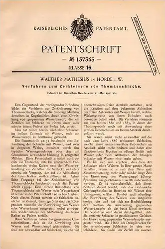 Original Patentschrift - W. Mathesius in Hörde b. Dortmund , 1901 , Zerkleinerung von Schlacke !!!