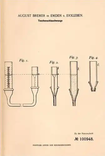 Original Patentschrift - A. Bremer in Emden b. Erxleben , 1897 , Taschen - Schlauchwaage , Waage , Wasserwaage !!!