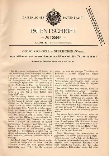 Original Patentschrift - G. Zschocke in Neukirchen / Wyhra , 1898, Rührwerk für Tellertrockner , Borna , Zedtlitz Thräna