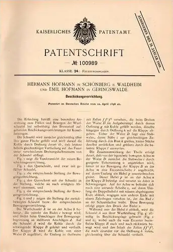 Original Patentschrift - H. Hofmann in Geringswalde und Schönberg , 1898 , Beschickungsapparat , Heizung , Heizungsbau !