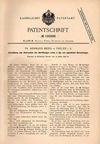 Original Patentschrift - Fr. Meier in Treuen i.S. , 1898 , Abstreichapparat für Garn , Weberei , Leim , Weber !!!