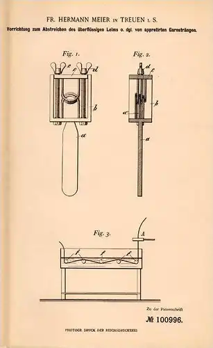 Original Patentschrift - Fr. Meier in Treuen i.S. , 1898 , Abstreichapparat für Garn , Weberei , Leim , Weber !!!