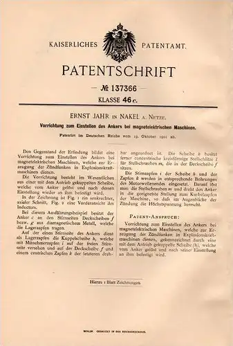 Original Patentschrift - E. Jahr in Nakel a. Netze / Nak&#322;o nad Noteci&#261; , 1901 , Apparat für magnetelektrische