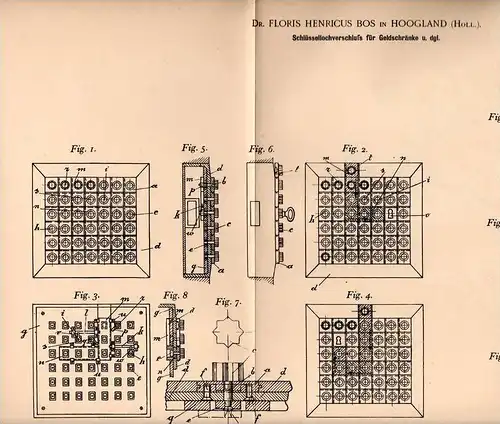 Original Patentschrift - Dr. Floris Bos in Hoogland , 1902 , Verschluss für Geldschrank , Safe , Tresor , Bank !!!