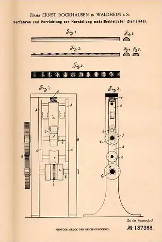 Original Patentschrift - E. Rockhausen in Waldheim i.S., 1902 , Zierleisten mit Metallkleid , Verzierung !!!