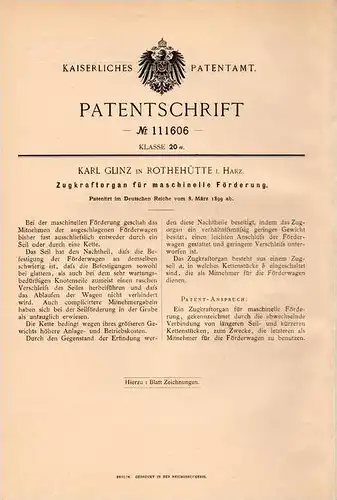 Original Patentschrift - Karl Glinz in Rothehütte i. Harz , 1899 , Apparat für Fürderwagen , Grube , Bergbau , Ellrich !
