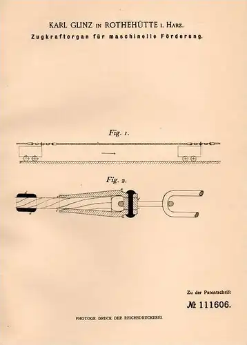 Original Patentschrift - Karl Glinz in Rothehütte i. Harz , 1899 , Apparat für Fürderwagen , Grube , Bergbau , Ellrich !