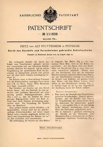 Original Patentschrift - Fritz von Alt Stutterheim in Potsdam , 1899, Schießscheibe , Schießstand , Schützenzunft , Adel
