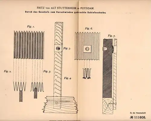 Original Patentschrift - Fritz von Alt Stutterheim in Potsdam , 1899, Schießscheibe , Schießstand , Schützenzunft , Adel