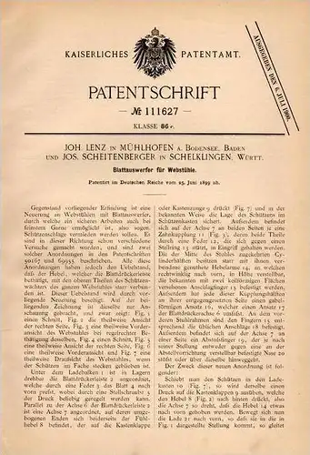 Original Patentschrift - J. Lenz und J. Scheitenberger in Mühlhofen a. Bod. und Schelklingen , 1899 , Webstuhl - Apparat