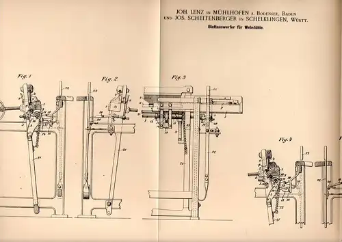 Original Patentschrift - J. Lenz und J. Scheitenberger in Mühlhofen a. Bod. und Schelklingen , 1899 , Webstuhl - Apparat