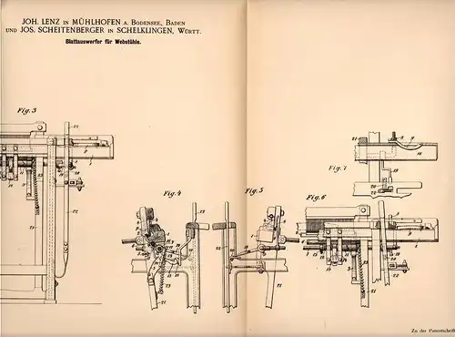 Original Patentschrift - J. Lenz und J. Scheitenberger in Mühlhofen a. Bod. und Schelklingen , 1899 , Webstuhl - Apparat