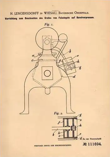 Original Patentschrift - M. Lengersdorff in Wiesau b. Tirschenreuth , 1899 , Dachziegel - Revolverpresse , Dachdecker !!