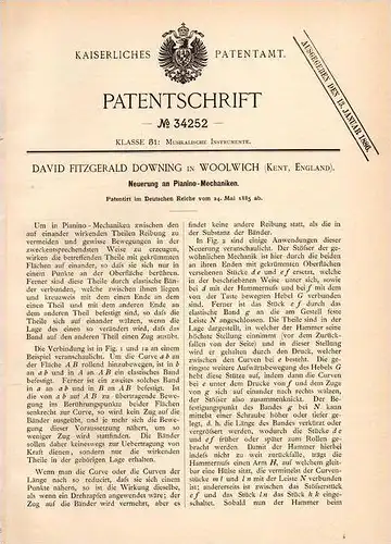 Original Patentschrift - D. Downing in Woolwich , Kent , 1885 , piano - mechanics , music , instrument !!!