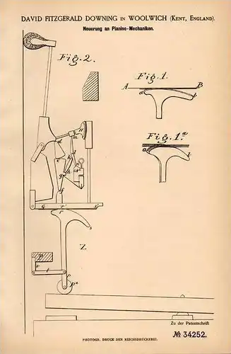 Original Patentschrift - D. Downing in Woolwich , Kent , 1885 , piano - mechanics , music , instrument !!!