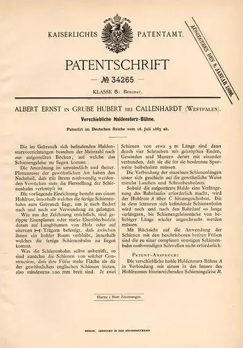 Original Patentschrift - A. Ernst in Kallenhardt b. Rüthen , 1885 , Bergbau - Haldensturzbühne , Callenhardt , Tiefbau !