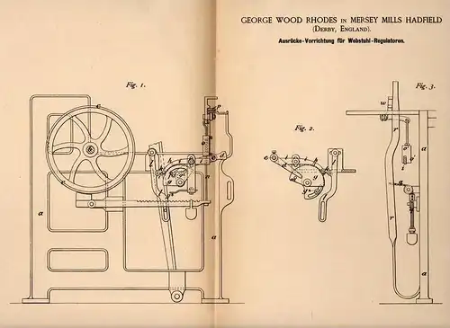 Original Patentschrift - G. Rhodes in Mersey Mills Hadfield , 1885 , Releaser for loom weaving , regulator , Derby !!!