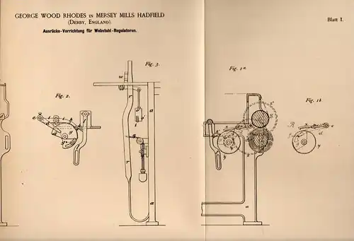 Original Patentschrift - G. Rhodes in Mersey Mills Hadfield , 1885 , Releaser for loom weaving , regulator , Derby !!!