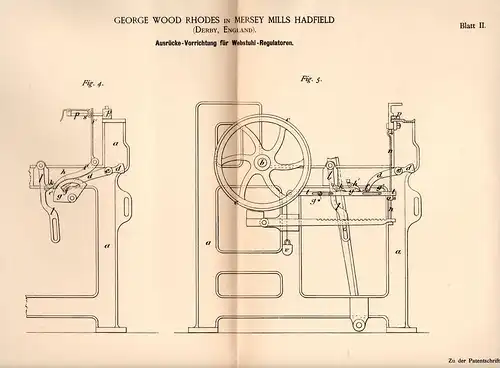 Original Patentschrift - G. Rhodes in Mersey Mills Hadfield , 1885 , Releaser for loom weaving , regulator , Derby !!!