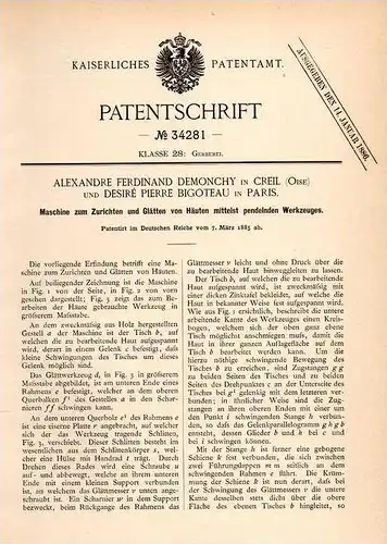 Original Patentschrift - A. Demonchy in Creil , Oise , 1885 , Machine pour lissage de la peau, peaux, pendule !!!