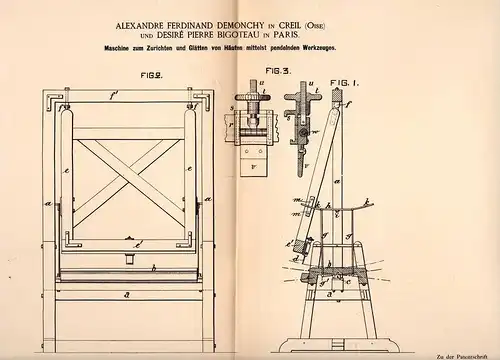 Original Patentschrift - A. Demonchy in Creil , Oise , 1885 , Machine pour lissage de la peau, peaux, pendule !!!